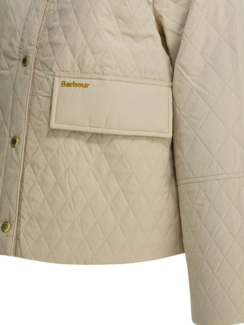 Barbour Beige Quilted Jacket With Corduroy Collar And Diamond Pattern