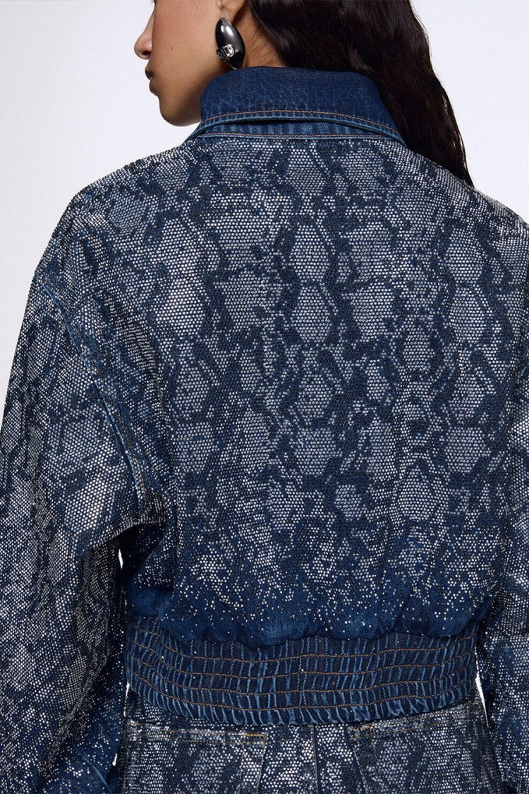 Liu Jo X Capsule 1 Elodie Dark Blue Snake-Print Cropped Denim Bomber Jacket