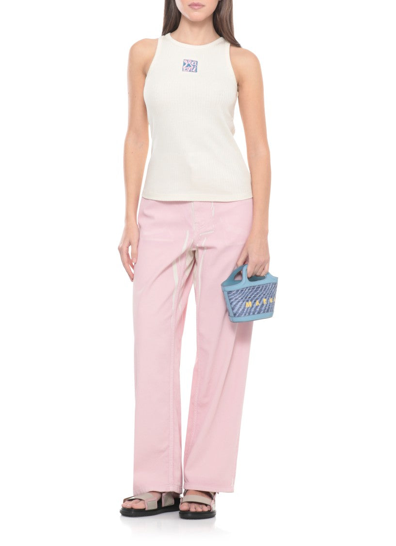 Marni Ivory Logo Ribbed Cotton Tank Top