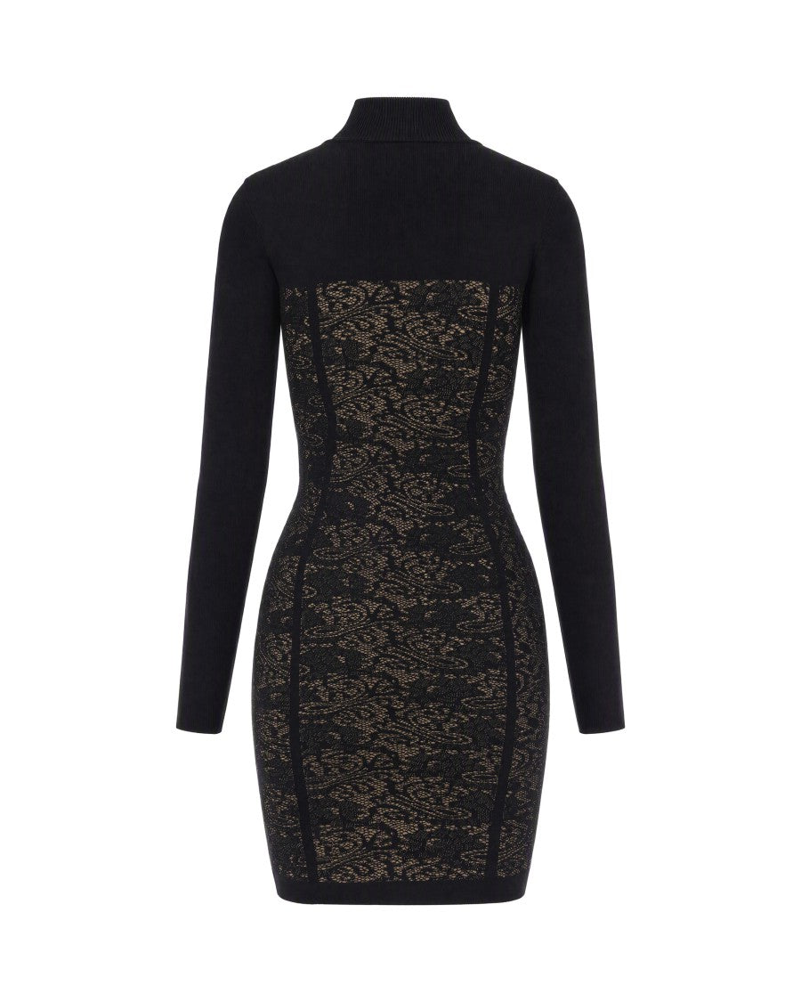 Elisabetta Franchi Black Lace Bodice High-Neck Viscose-Blend Mini Dress