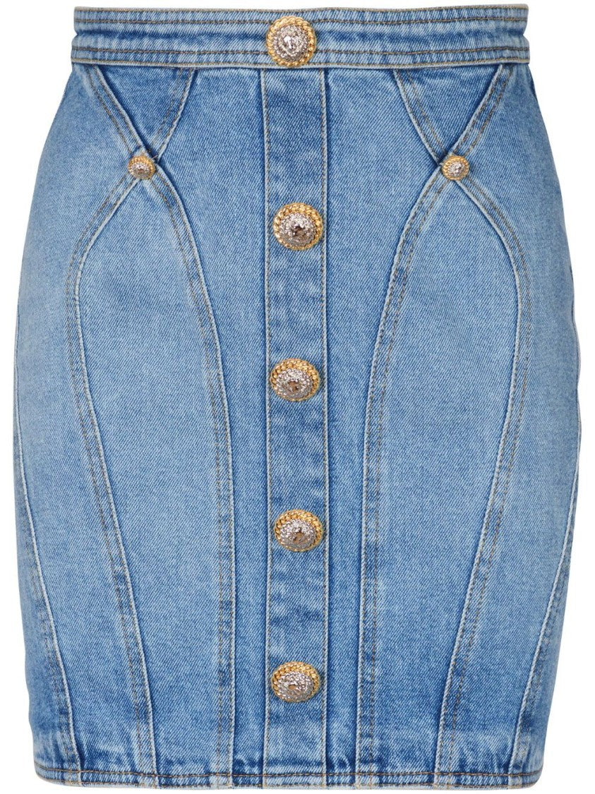 Balmain Thigh-Length Light Blue Stretch-Cotton Denim Skirt