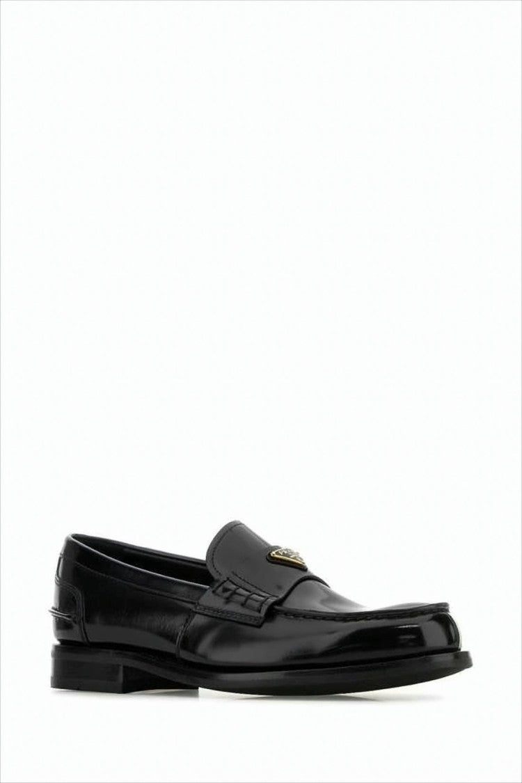 Prada Polished Calf Leather Loafers With Metallic Emblem