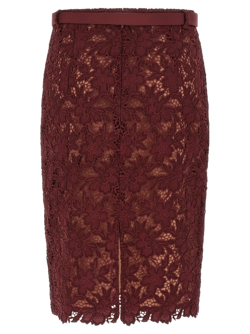 Self-Portrait 'Burgundy Guipure Lace Midi' Skirt
