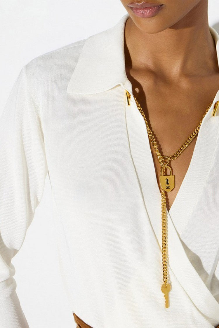 Elisabetta Franchi Ivory Wrap Point Collar Key-Charm Viscose-Blend Bodysuit