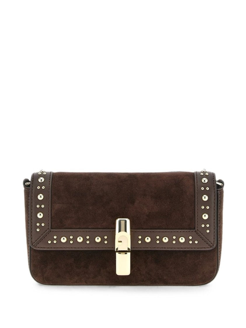 Furla Brown Rectangular Suede Leather Trim Bag