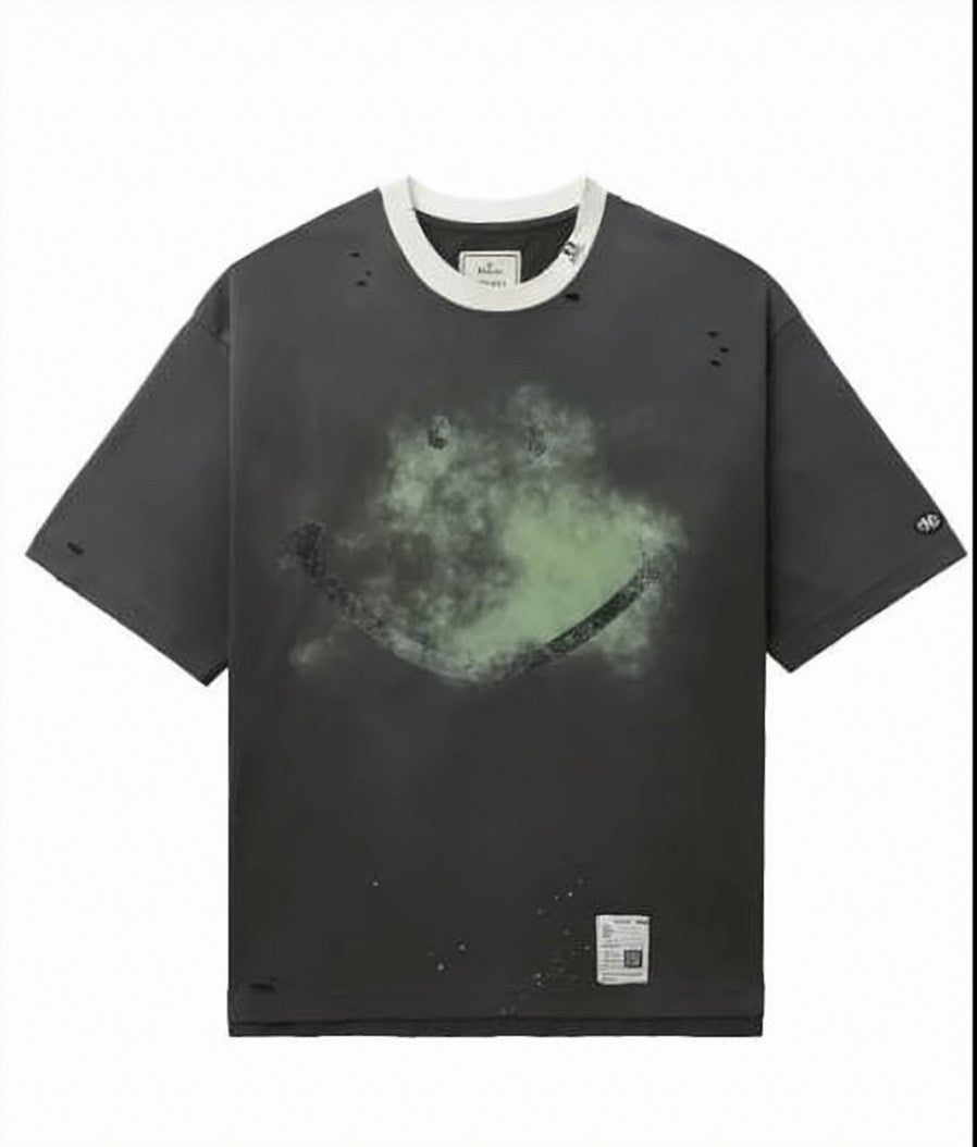 Maison Mihara Yasuhiro Distressed Black Cotton T-Shirt With Abstract Smiley Graphic