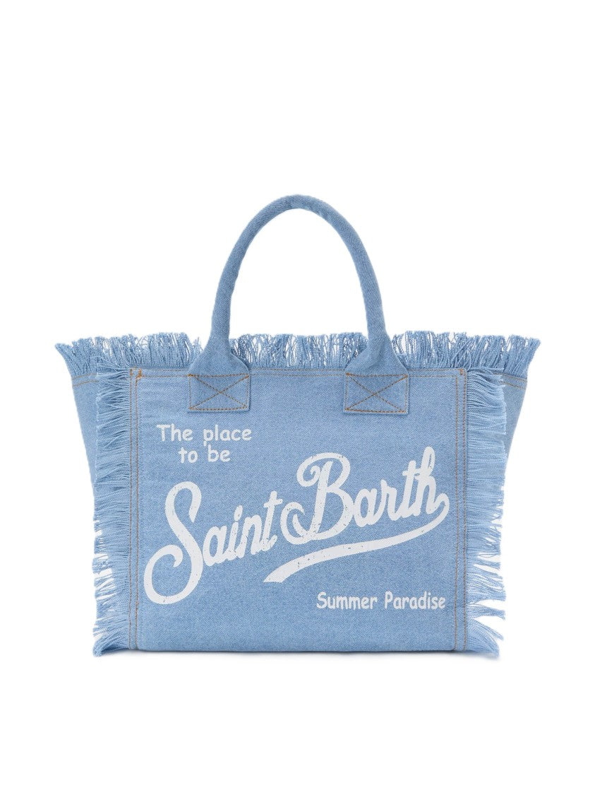 Mc2 Saint Barth Light Blue Denim Tote Bag With Fringed Edges