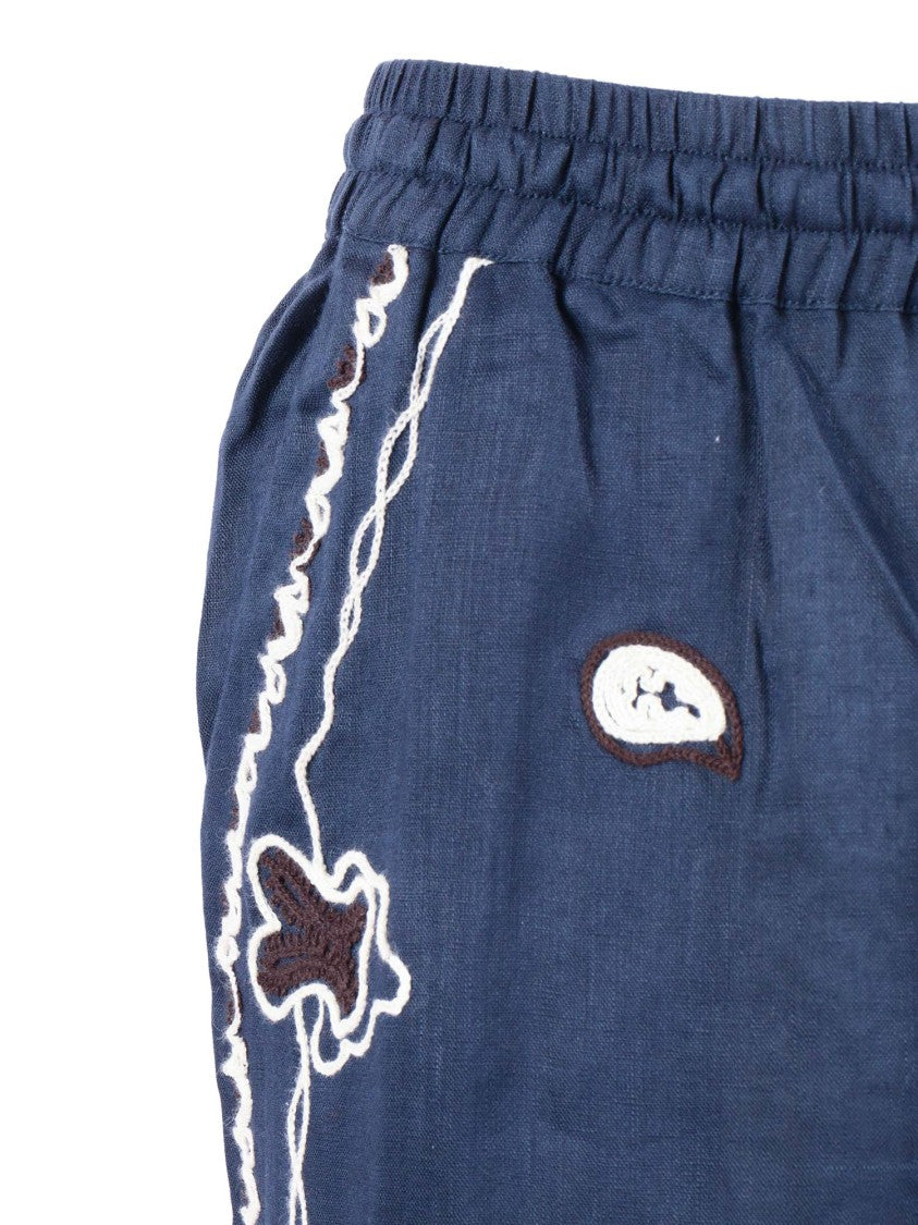 P.A.R.O.S.H. Wide Leg Embroidered Linen Straight-Leg Pants