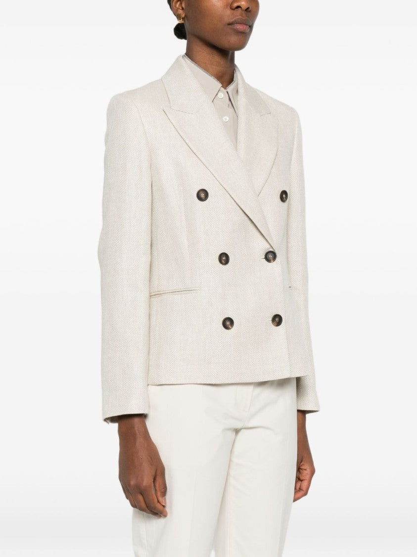 Brunello Cucinelli Beige Herringbone Double-Breasted Blazer