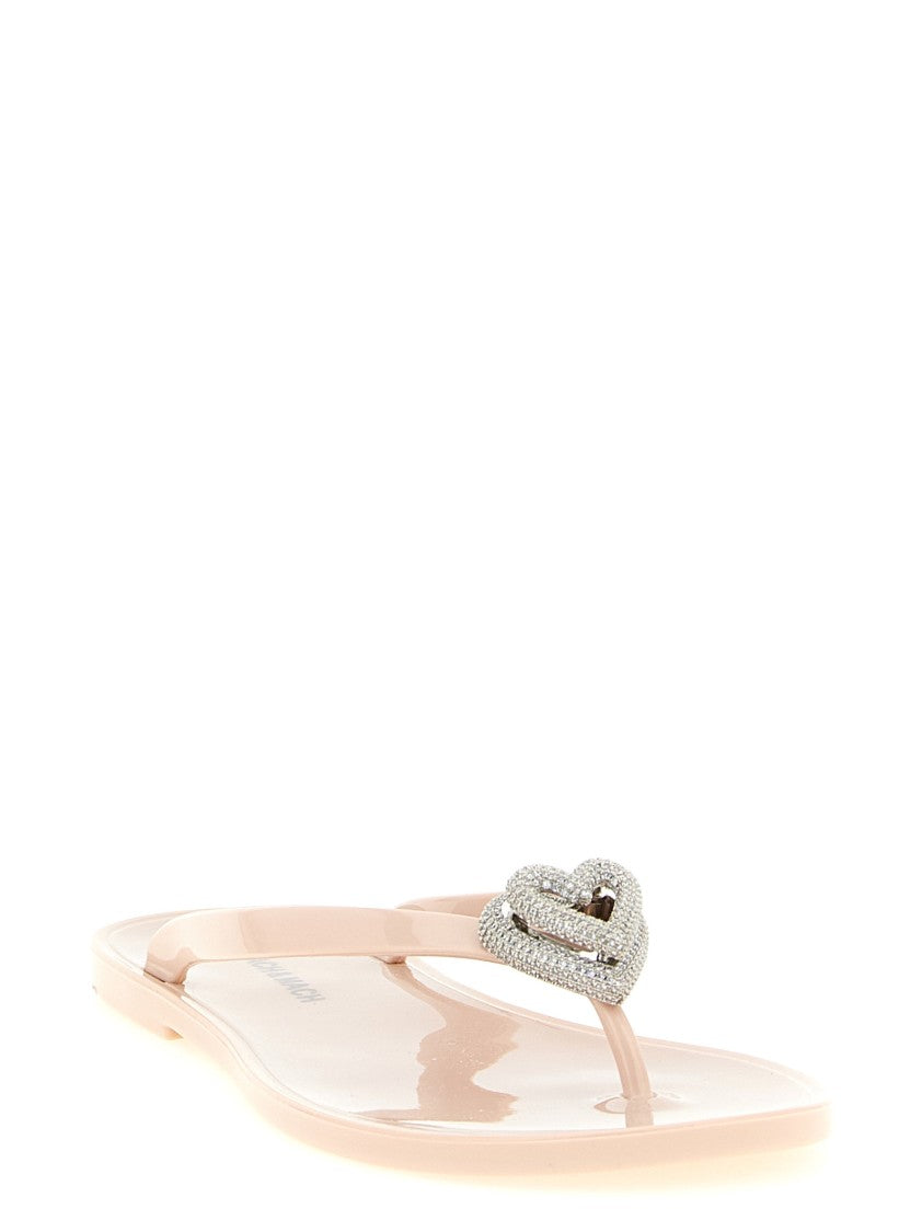 Mach & Mach Rubber Thong Sandals With Metal Double Heart Detail And Crystal Embellishments