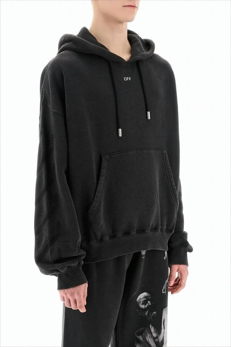Off-White Cropped Black Hoodie With Embossed Detailing And Graphic Print