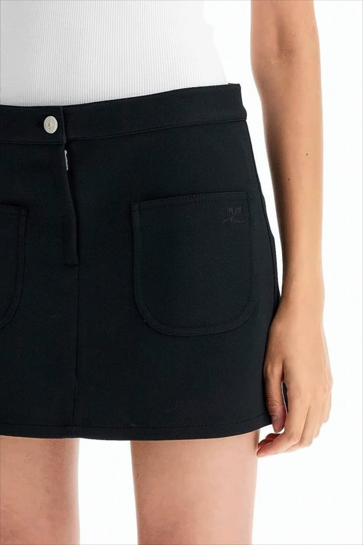 Courrèges Structured Black Mini Skirt With Front Button Closure And Rounded Pockets