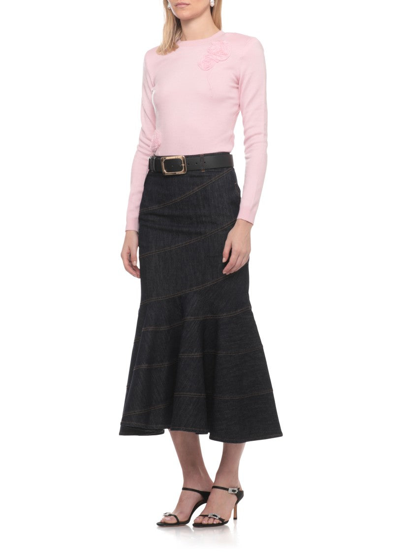 Self-Portrait Dark Denim Skirt With Mermaid Hem And Back Zipper Closure