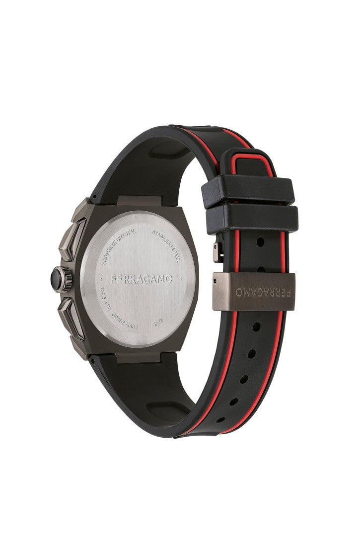 Ferragamo Swiss Made Chronograph Watch With Gunmetal Case And Black Dial
