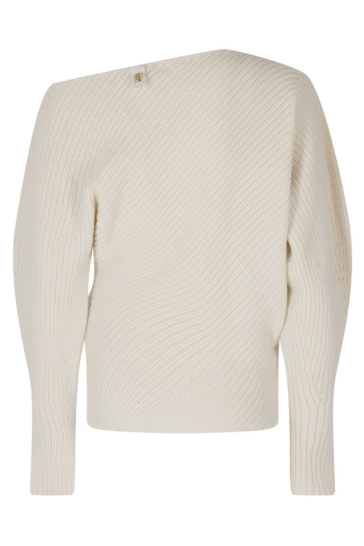 Alberta Ferretti White Oblique Crew Neck Dropped Shoulders Wool-Blend Sweater