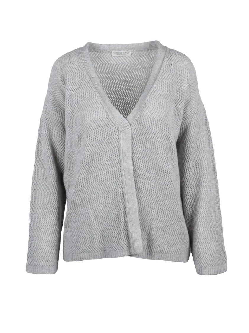 Le Tricot Perugia Light Grey Classic V-Neck Wool-Silk-Cashmere Cardigan