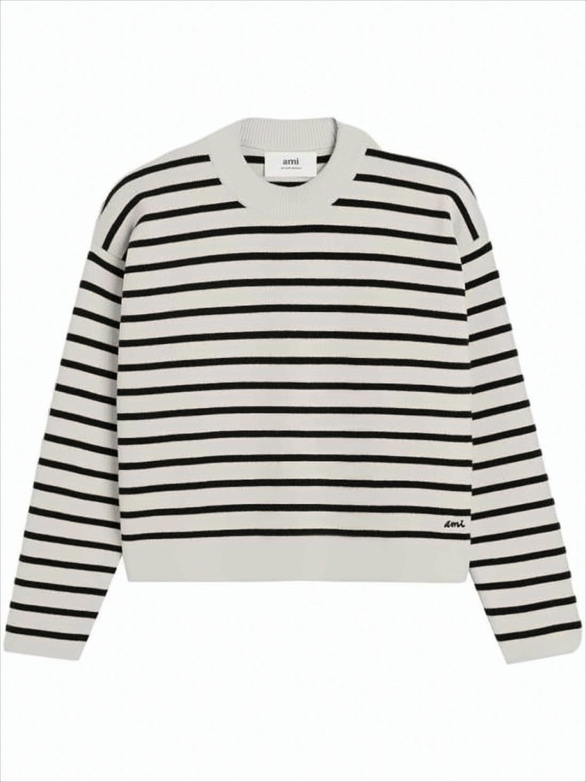 Ami Cropped Knit Sweater With Classic Striped Pattern
