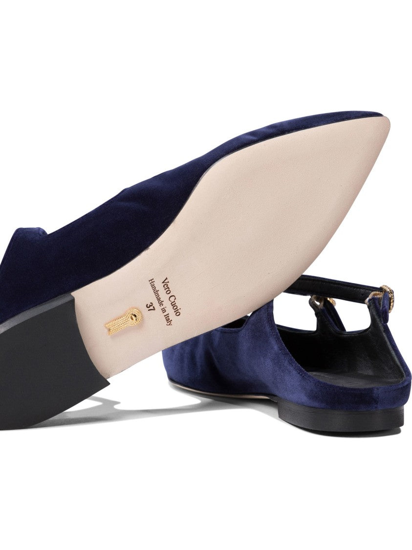 Amato Daniele Velvet Blue Loafers With Pointed Toe And Buckle Detail