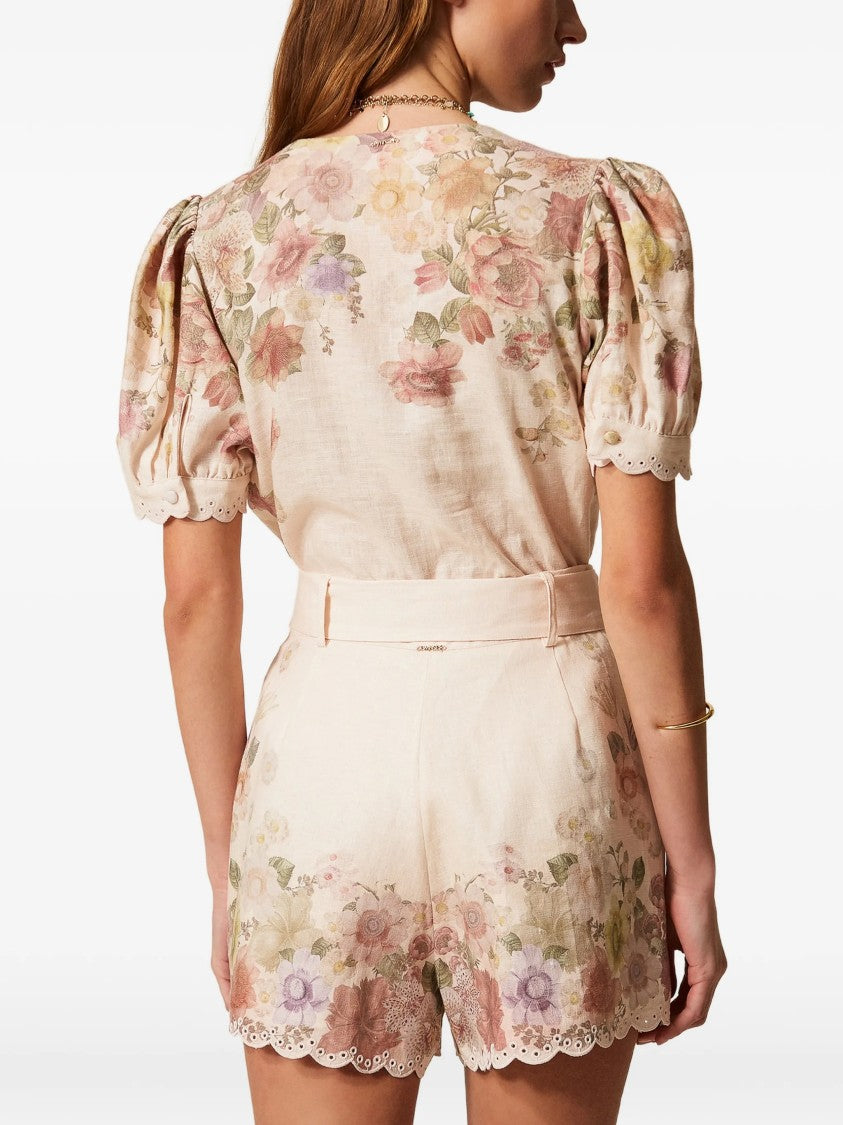 Twin-Set High-Waisted Shorts With Scalloped Edge And Floral Print