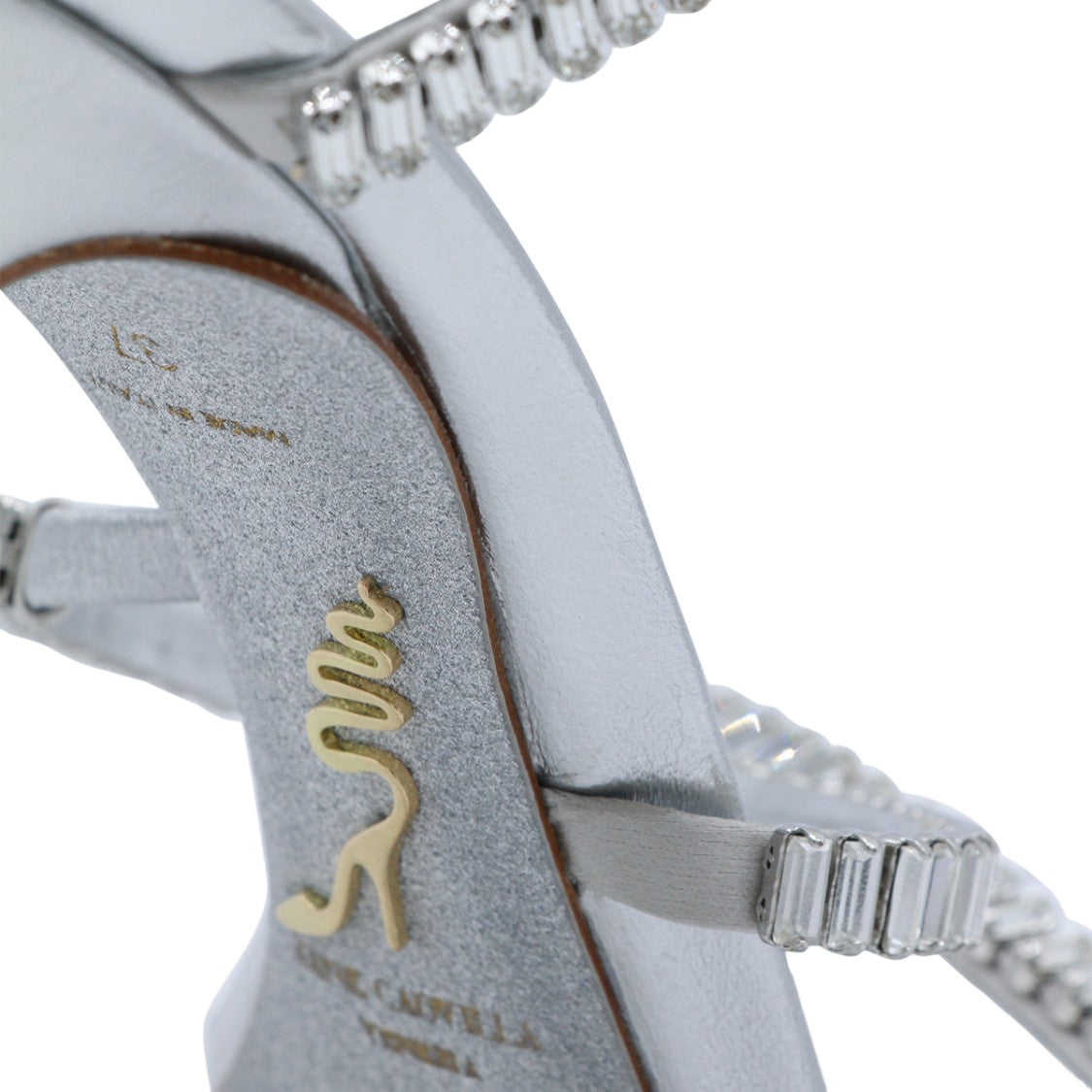 René Caovilla High-Heeled Silver Sandals With Crystal Embellishments