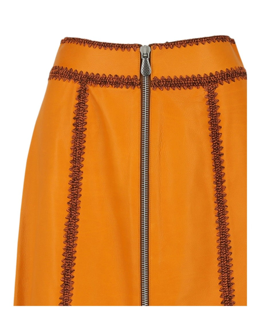 Bottega Veneta Mid Rise Calfskin Leather Zip-Up Skirt With Contrast Woven Detail