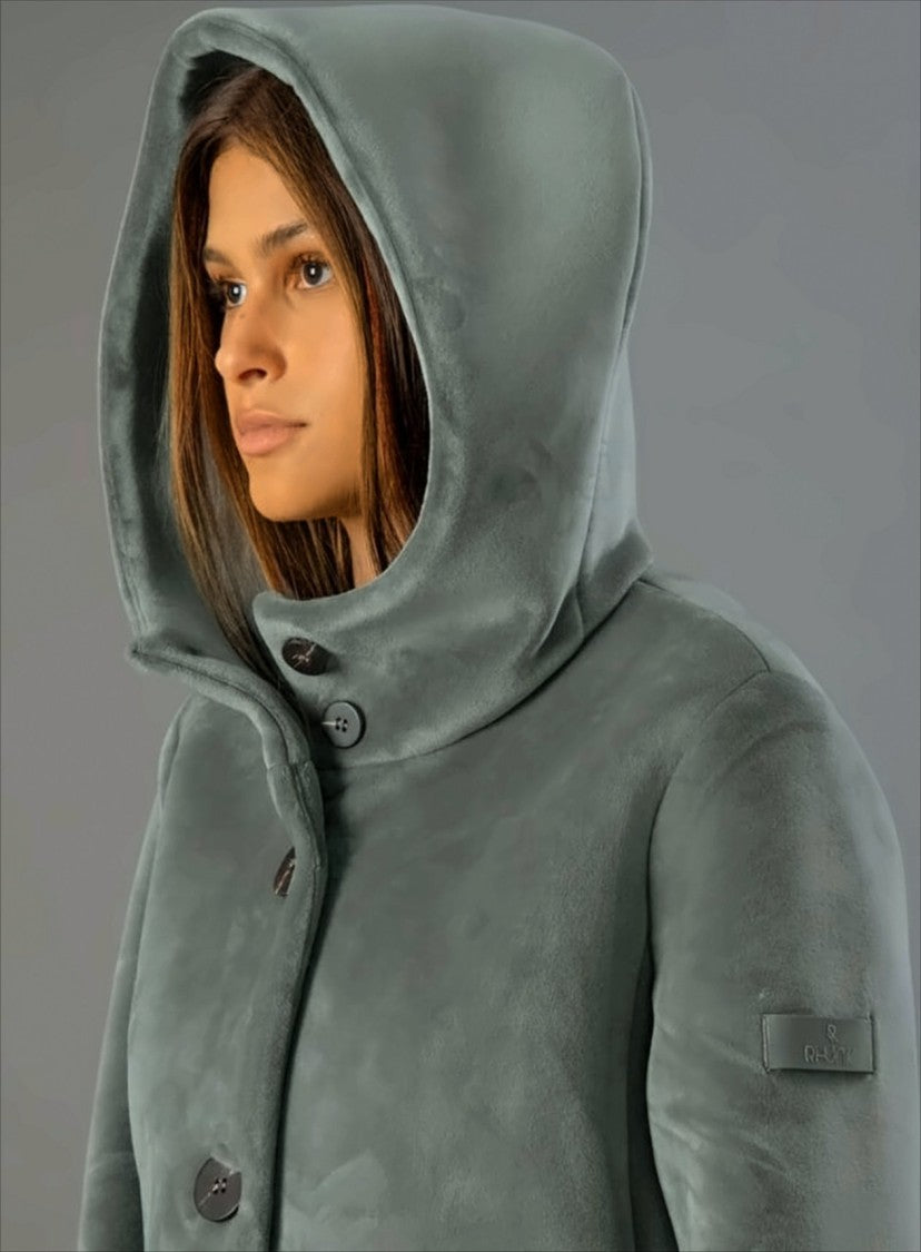 Rihunik Smooth Velvet Coat With Wraparound Hood