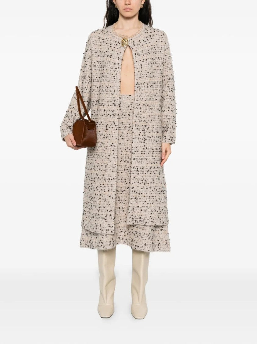 Fabiana Filippi Textured Speckled Long Coat With Layered Hem And Decorative Button