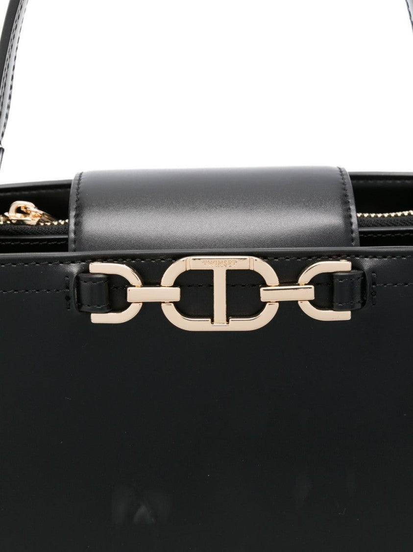 Twin-Set Structured Black Handbag With Gold-Tone Clasp