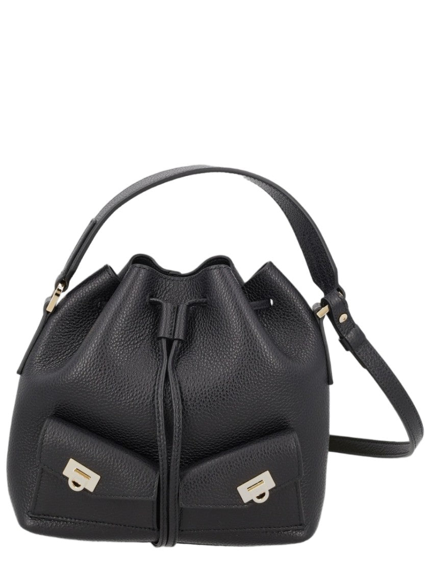 Ferragamo Black Pebbled Leather Drawstring Shoulder Bag