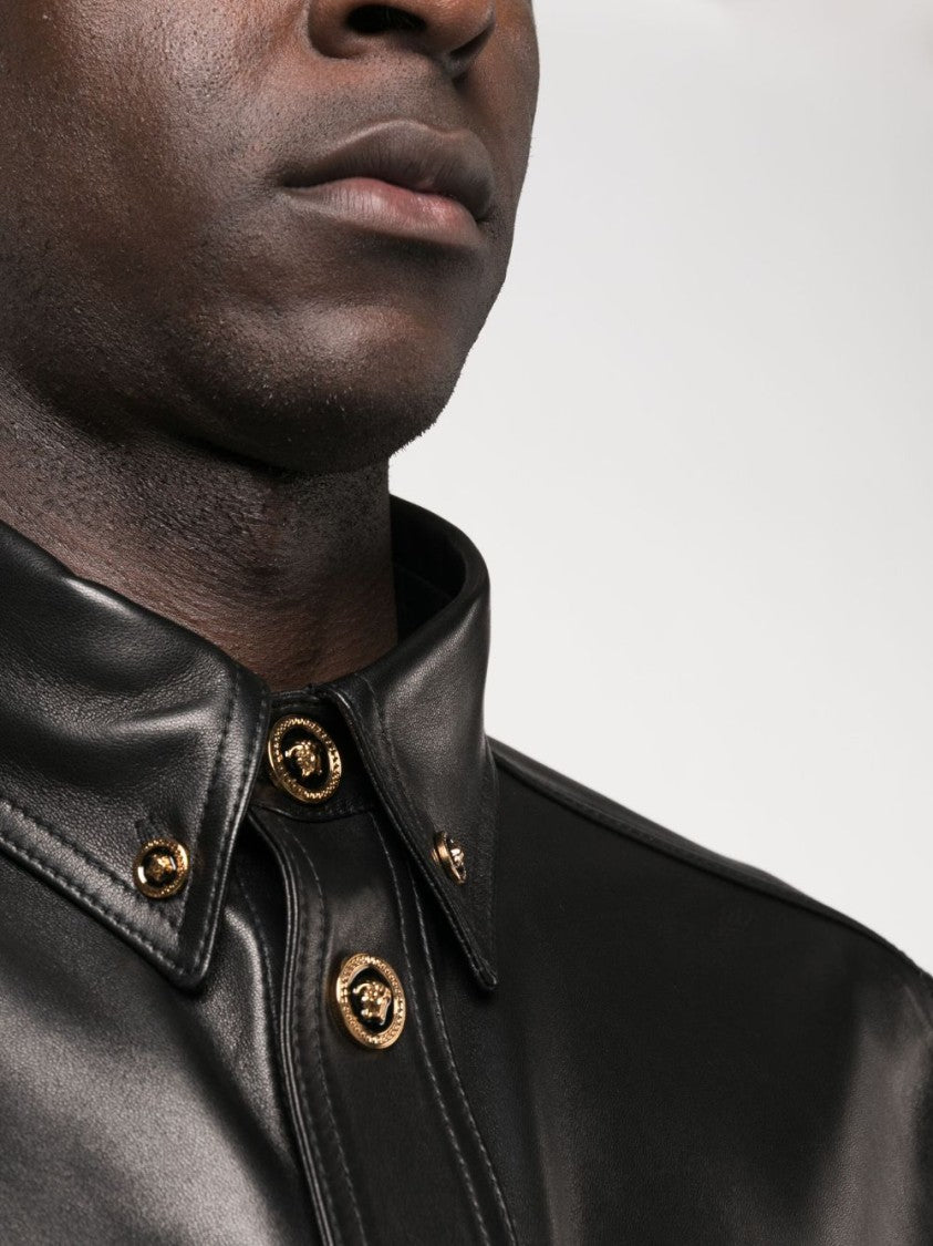 Versace Black Blouson Leather Checkered Sleeve Jacket