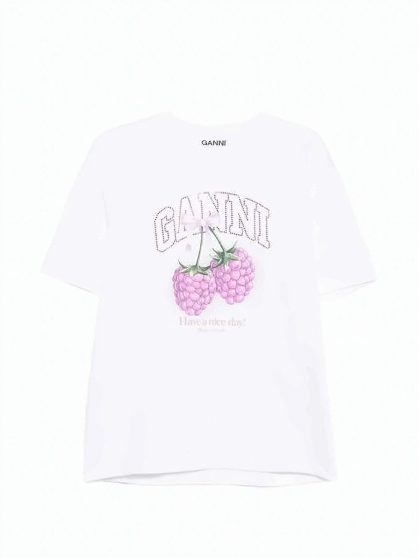 Ganni Relaxed-Fit Short-Sleeved T-Shirt With Raspberry Graphic