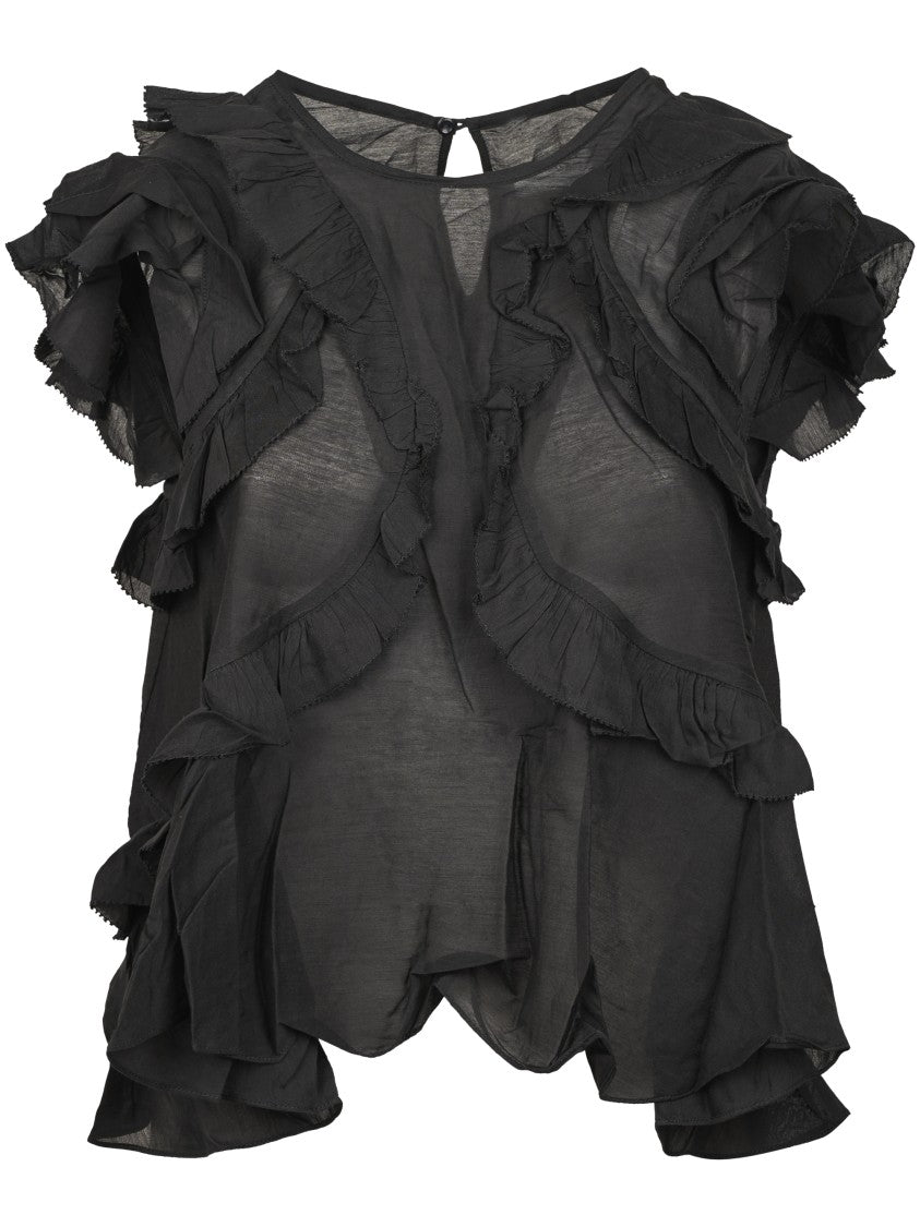 Isabel Marant Étoile Sheer Black Top With Layered Ruffles And Keyhole Closure