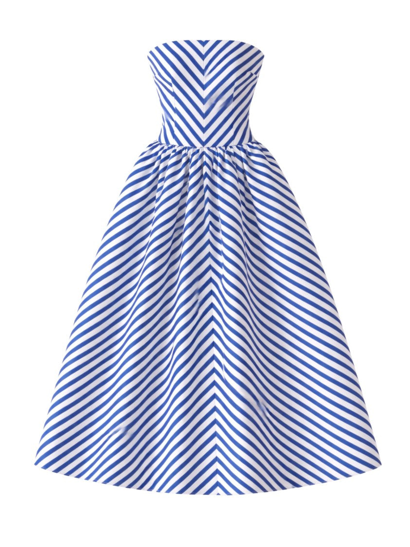 Self-Portrait Chevron-Pattern Midi Dress In Blue Taffeta