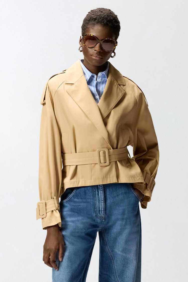 Pinko Beige Self-Belted Epaulettes Cropped Cotton Trench Jacket