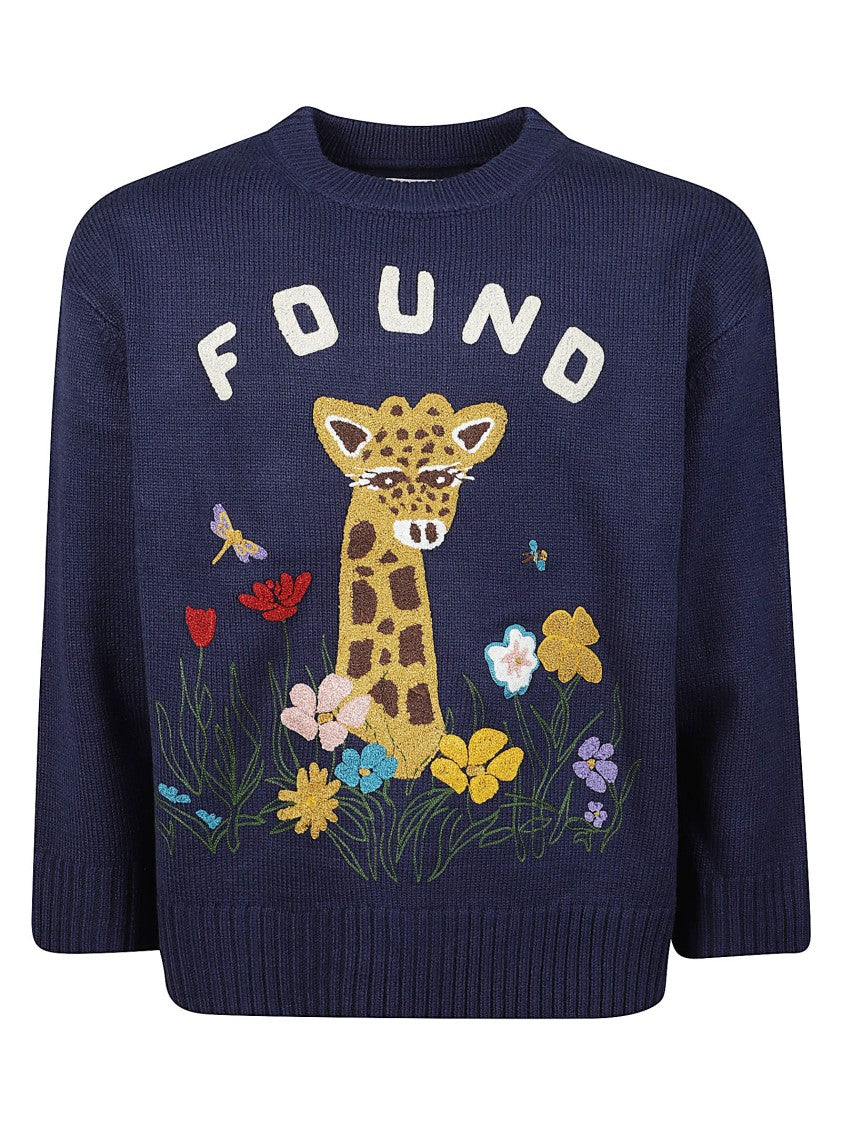 Found Navy Blue Wildlife Giraffe Embroidered Acrylic-Blend Sweater