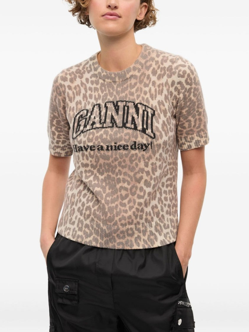 Ganni Short-Sleeved Leopard Print Top With Bold Lettering