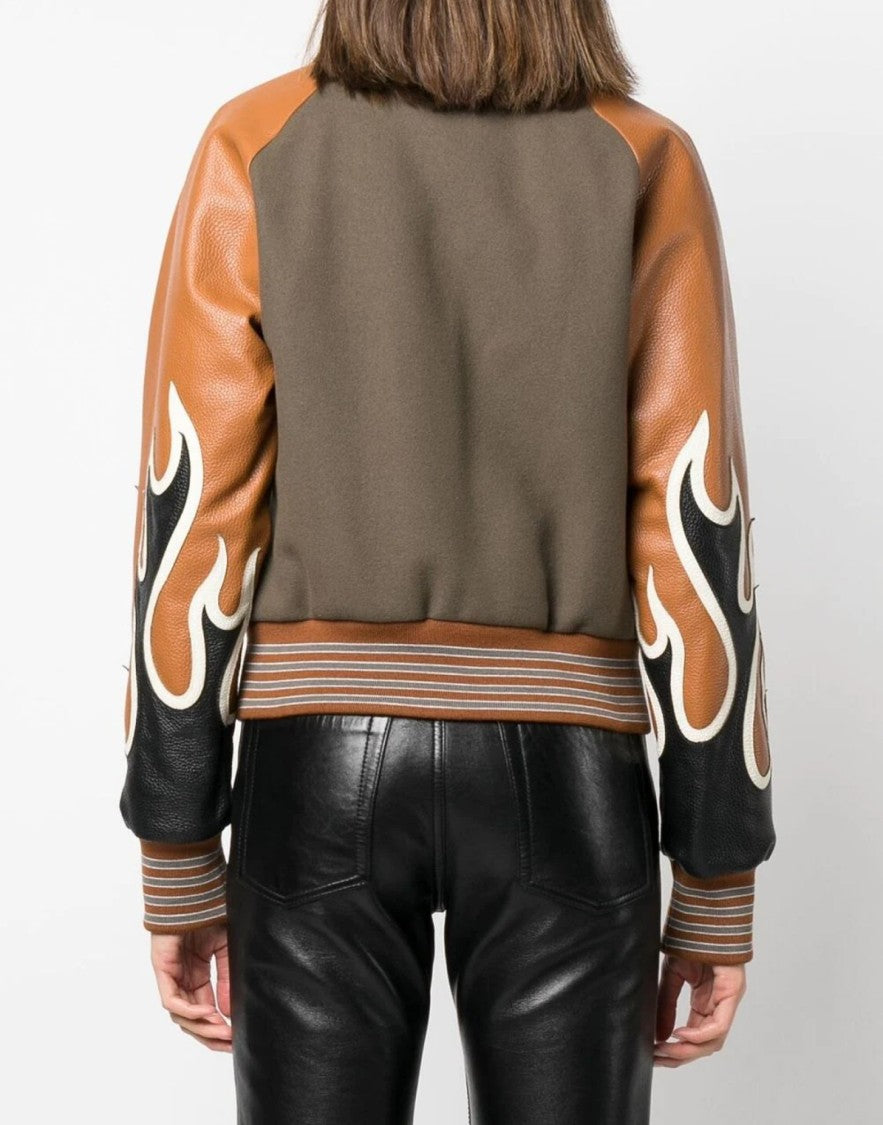 Palm Angels Burning Flames Leather Varsity Jacket