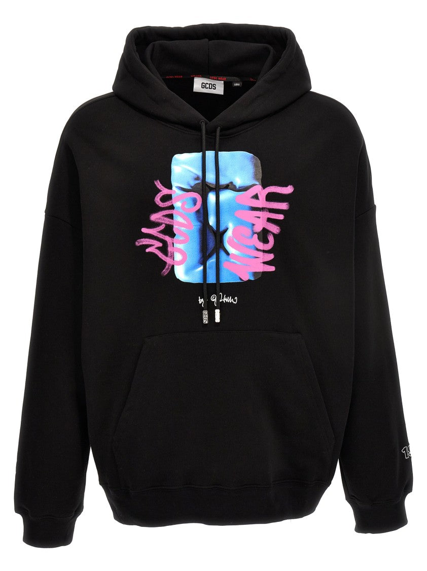 Gcds Black Cotton Hoodie With Bold Logo Print