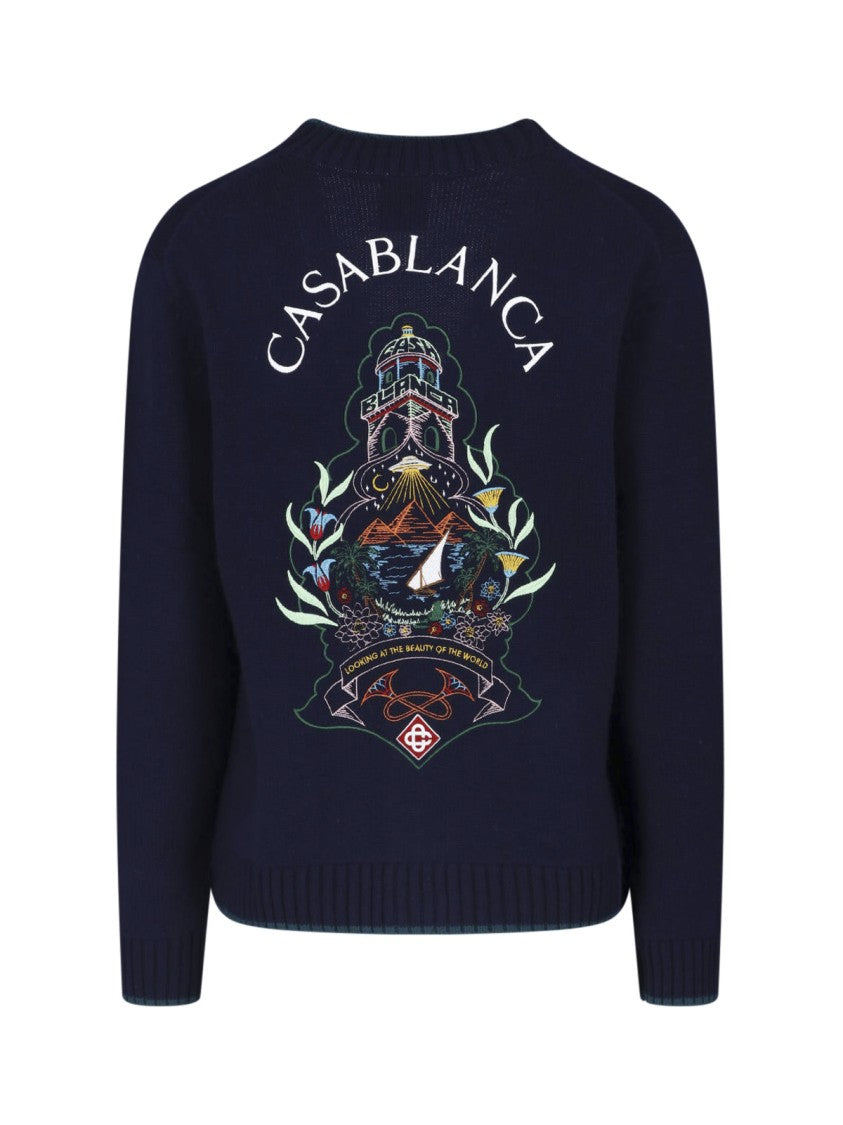 Casablanca Deep V-Neck Button-Down Sweater With Embroidered Designs