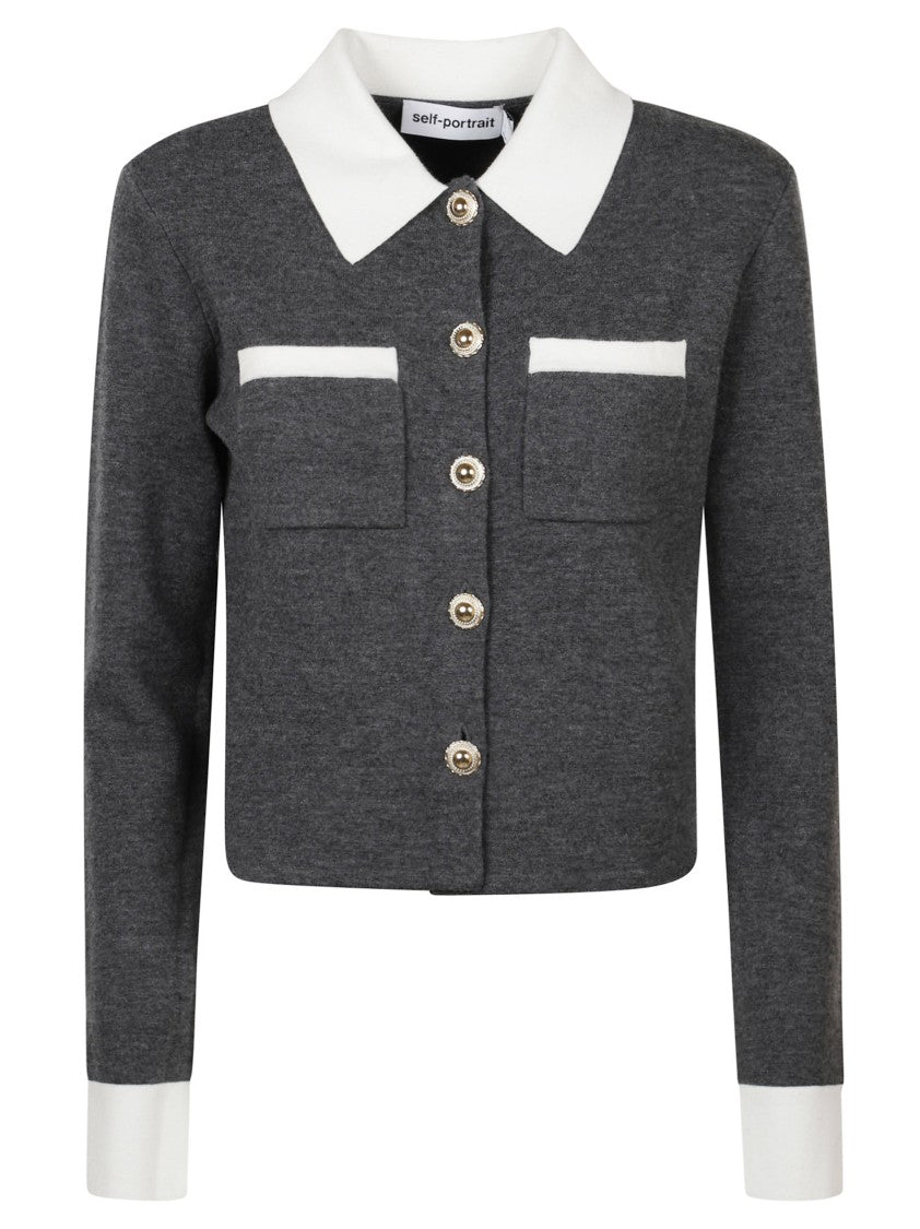 Self-Portrait Fitted Grey Knit Sweater With Button-Down Front