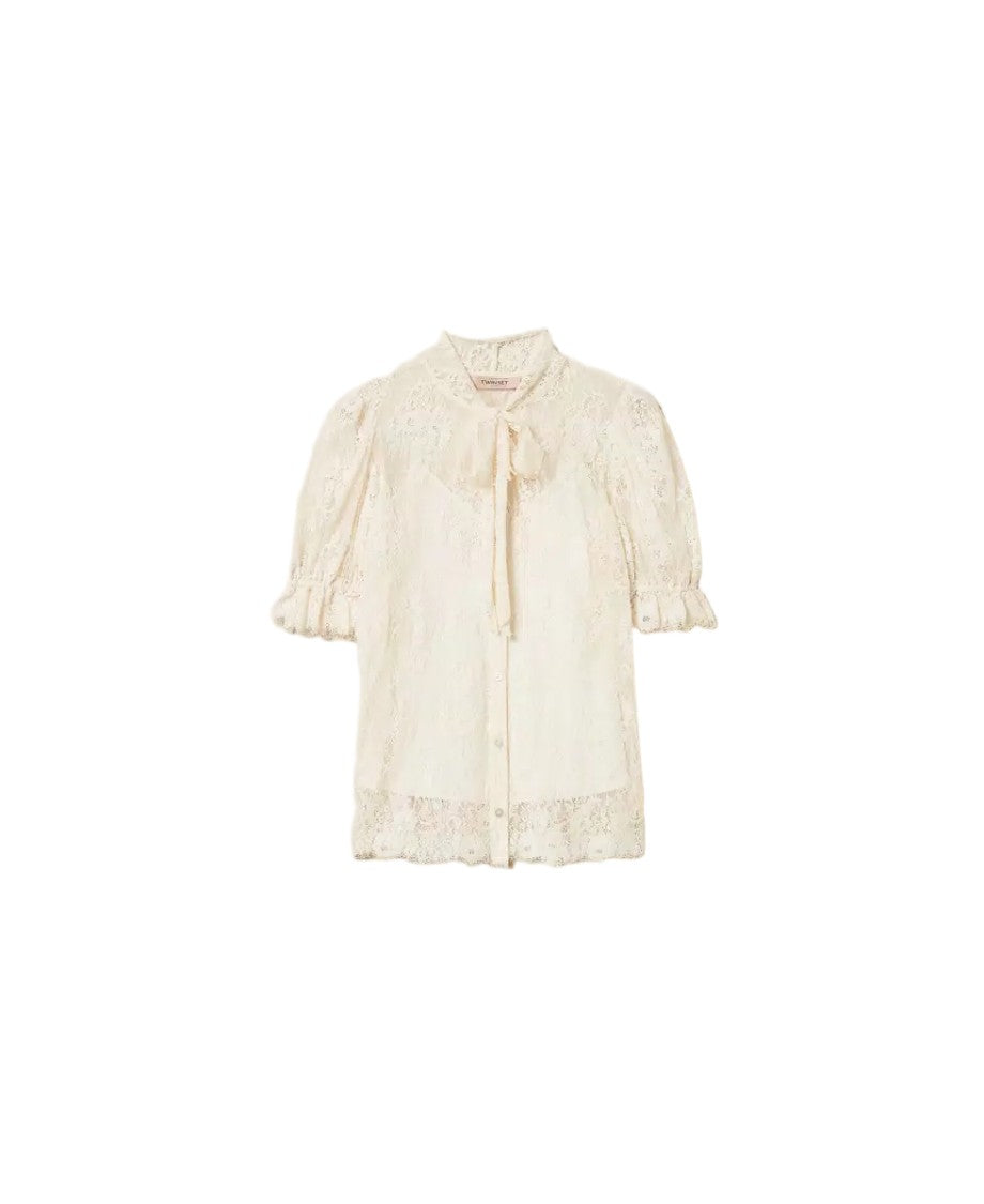 Twin-Set Lace Ribbon Bow Neck Tie Balloon Sleeves Blouse