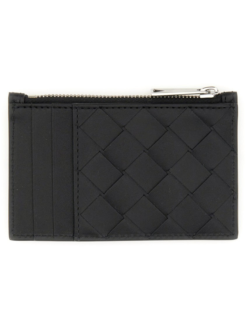 Bottega Veneta Woven Calfskin Card Holder With Zipper Closure