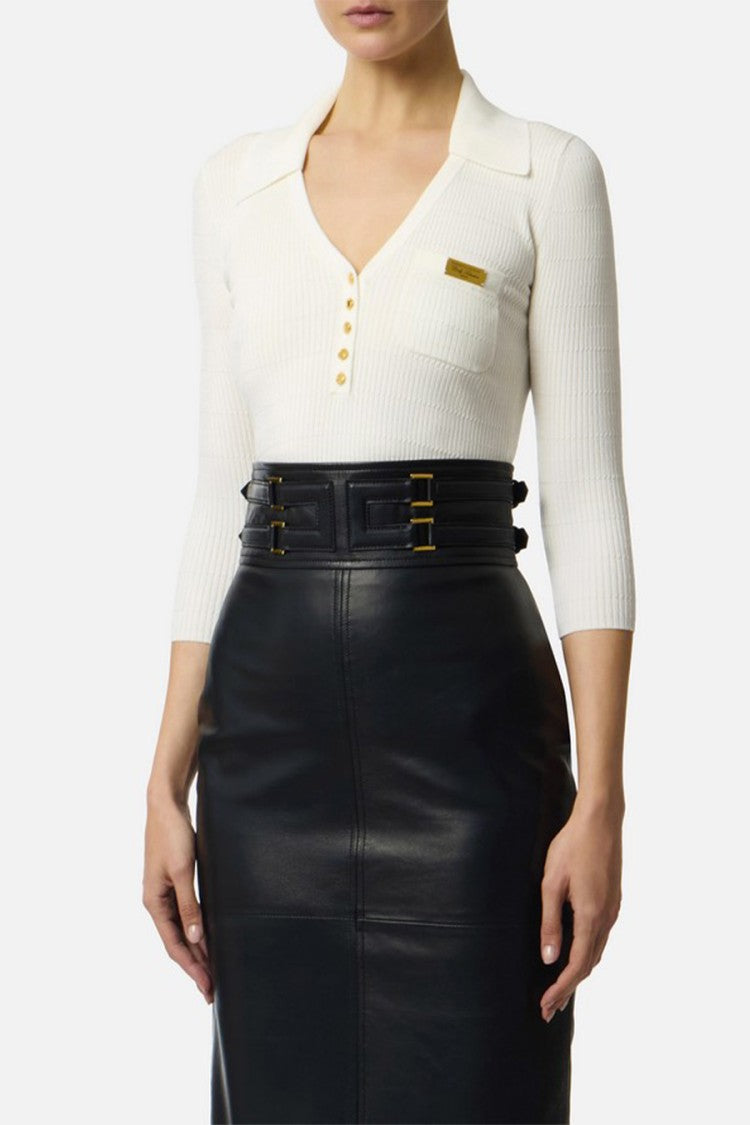 Elisabetta Franchi Ivory Braided Ribbed Polo Collar Lyocell-Blend Sweater