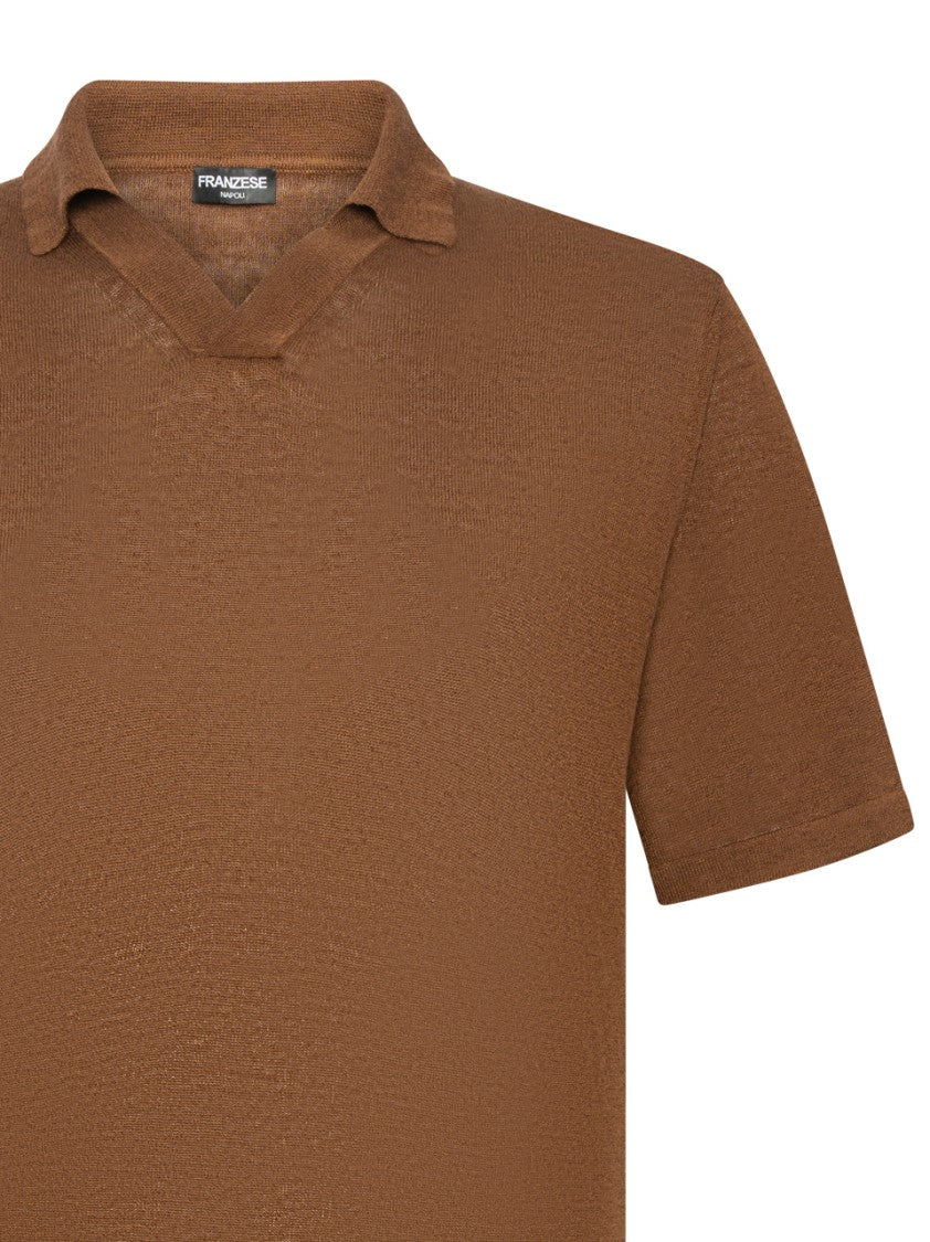 Franzese Collection Brown Linen-Cotton Polo Shirt With V-Neck