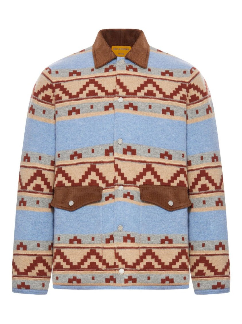Guest In Residence Patterned Blue Jacket With Corduroy Collar