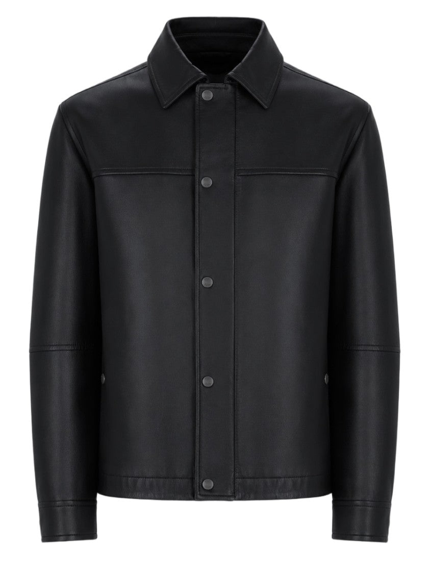 Boss Sleek Black Leather Jacket With Classic Collar And Snap Closure