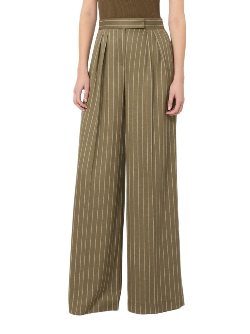 Max Mara Wide-Leg Olive Trousers With Vertical Pinstripes And Pleated Front