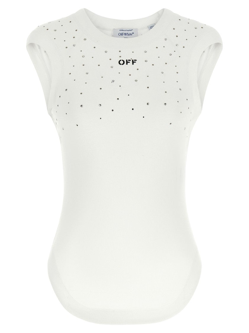 Off-White Ribbed Stretch Viscose Jersey Top With Swarovski Crystal Embellishments