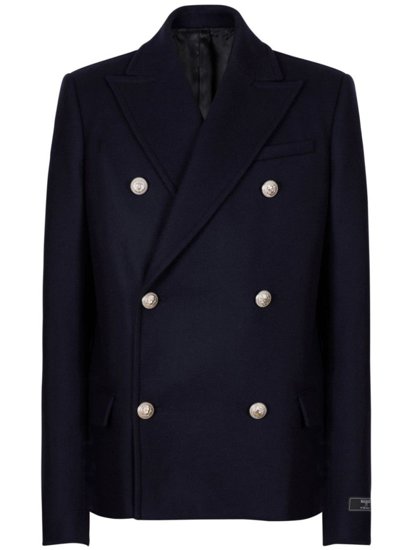 Balmain Navy Blue Virgin Wool Blend Double-Breasted Coat