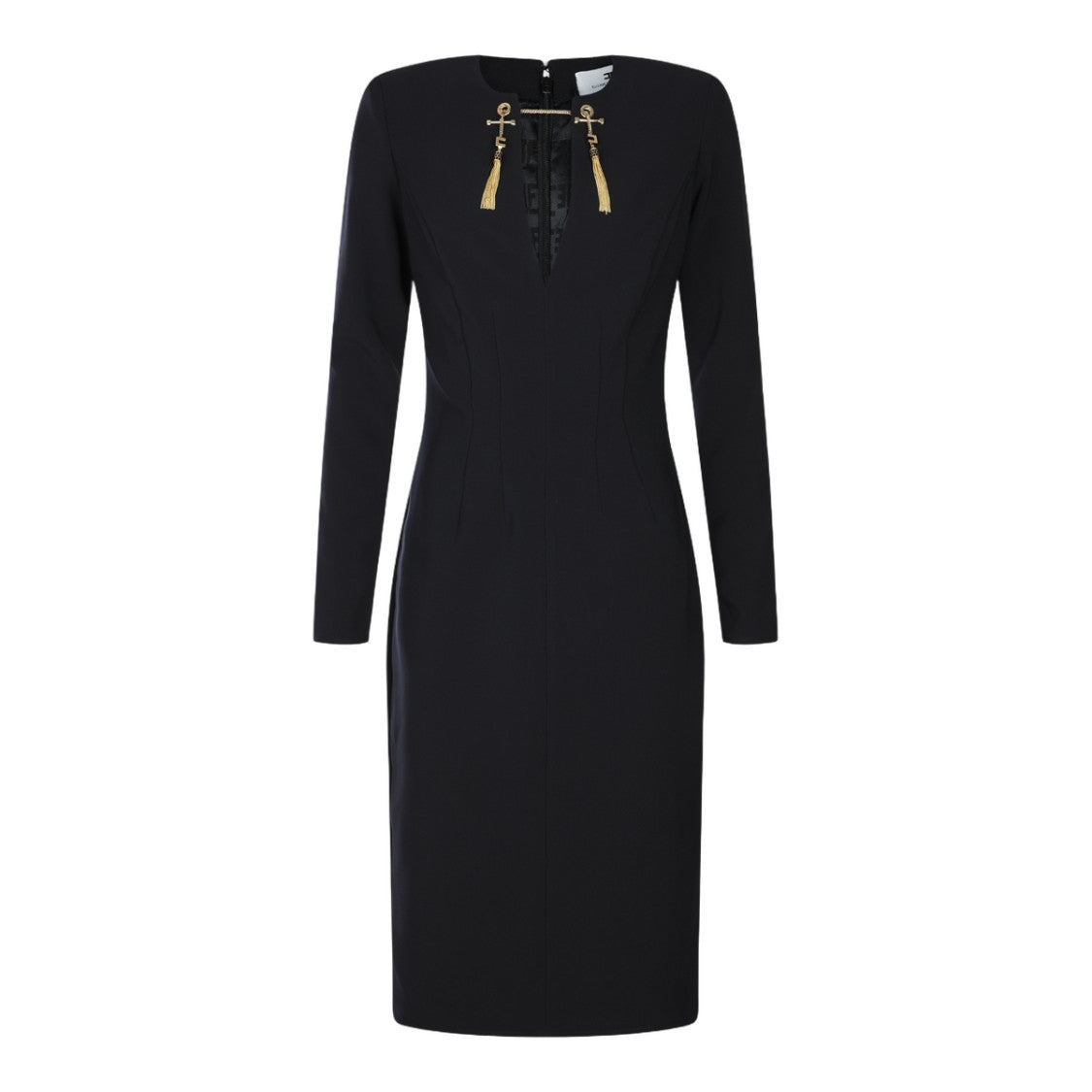 Elisabetta Franchi Fitted Black Midi Dress With Gold-Tone Hardware And Back Slit